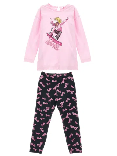 Monnalisa Kids'   Barbie™ Maxi T-shirt And Leggings Set In Rosa Fairytale + Black