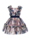 Monnalisa Baroque Rose Birthday Dress In Blue + Multicolor
