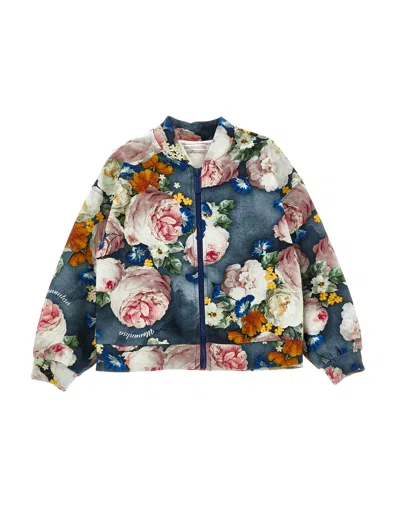 Monnalisa Kids'   Baroque Rose Bomber-style Sweatshirt In Blue + Multicolor