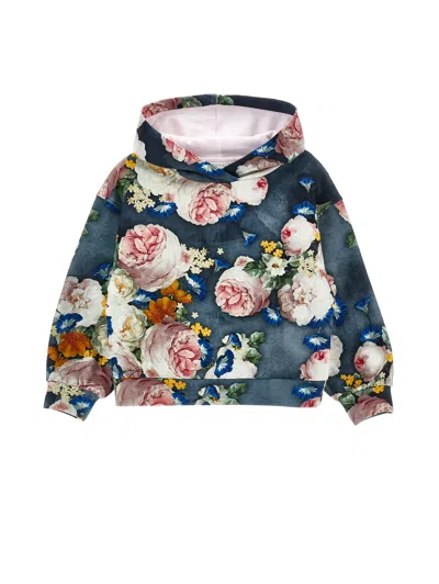 Monnalisa Kids'   Baroque Rose Hoodie In Blue + Multicolor