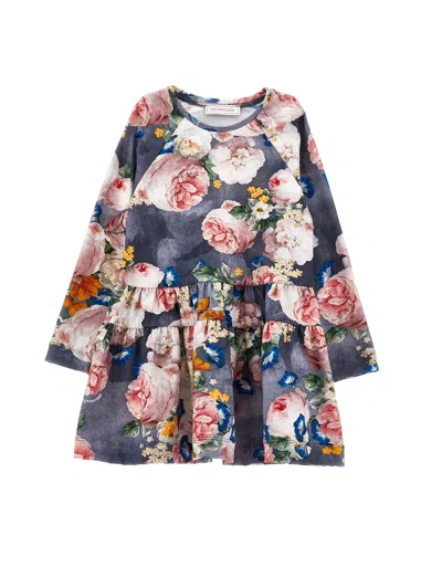 Monnalisa Kids'   Baroque Rose Jersey Dress In Blue + Multicolor