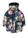 Monnalisa Baroque Rose Padded Jacket In Blue + Multicolor
