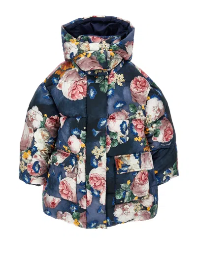 Monnalisa Kids'   Baroque Rose Padded Jacket In Blue + Multicolor