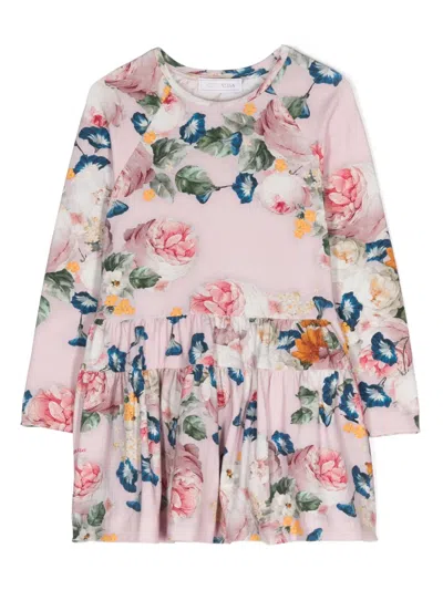 Monnalisa Kids' Baroque Roses-print Tiered Dress In Pink