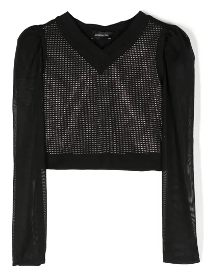 Monnalisa Kids' Bead-embellished V-neck Top In Black