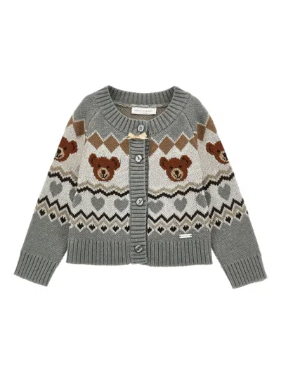 Monnalisa Bear-heart Crew-neck Cardigan In Gray