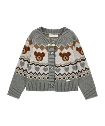 Monnalisa Kids' Bear-heart Crew-neck Cardigan In Gray