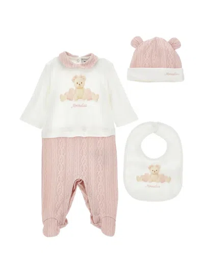 Monnalisa Bear-motif Cable-knit Babygrown Set In Neutral
