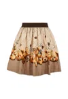 Monnalisa Beige Skirt With Elastic Waist With Logo Lettering And All-over Print In Cotton Stretch Girl In Brown