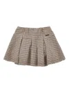Monnalisa Beige Skirt With Box Pleats And Logo Plaque On The Front In Fabric Girl In Brown