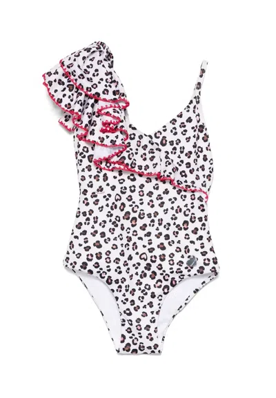 Monnalisa Kids' Beige Swimsuit For Girl In Animal Print