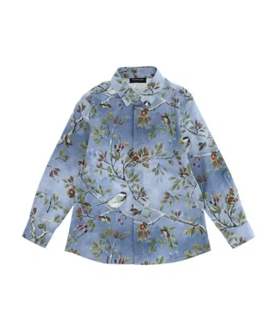 Monnalisa Bird-print Cotton Shirt In Blue