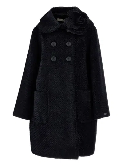 MONNALISA BLACK COAT WITH FLORAL DECORATED IN FABRIC GIRLS