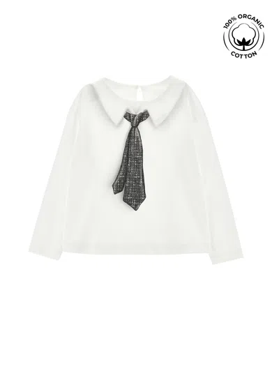 Monnalisa Kids'   Black Tie Organic Cotton Blouse In Cream + Black