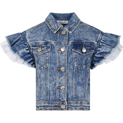 Monnalisa Kids' Blue Jacket For Girl With Logo And Rhinestones In Denim