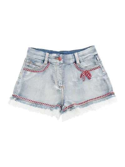 MONNALISA BLUE SHORTS WITH LACE EMBELLISHMENTS AND FRINGED HEM IN DENIM GIRL