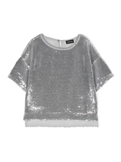 Monnalisa Kids' Boat-neck Sequined T-shirt In Grey