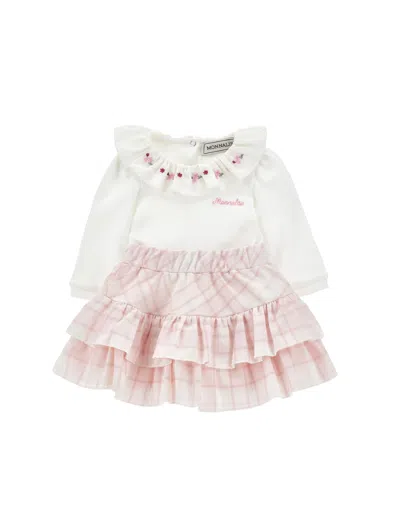 Monnalisa Babies'   Bodysuit With Ruffles And Tartan Skirt In Pink