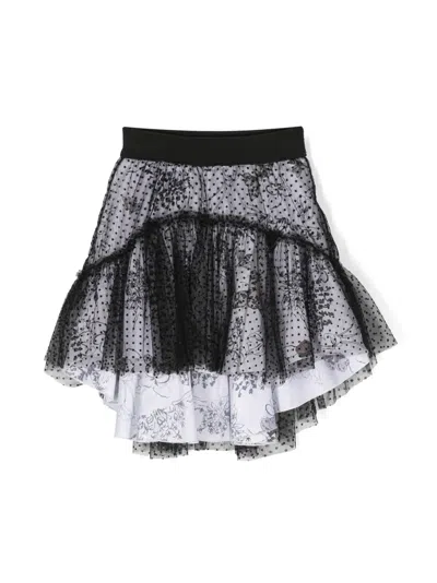 Monnalisa Kids' Botanical-print Point D'esprit-tulle Skirt In Black