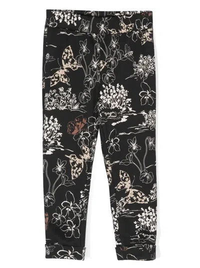 Monnalisa Kids' Botanical-print Straight-leg Leggings In Black