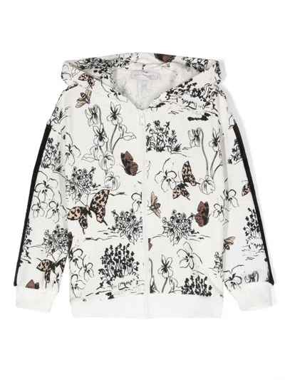 Monnalisa Kids' Botanical-print Zip-up Hooded Cardigan In White