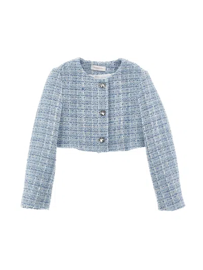 Monnalisa Kids'   Boucle Jacket With Jewel Buttons In Light Blue + Silver