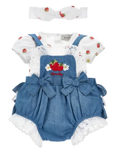 Monnalisa Bow-detail Embroidered Babygrow Set In Blue