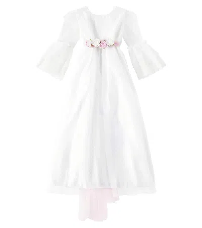 Monnalisa Kids' Bow-detail Lace And Tulle Dress In Panna