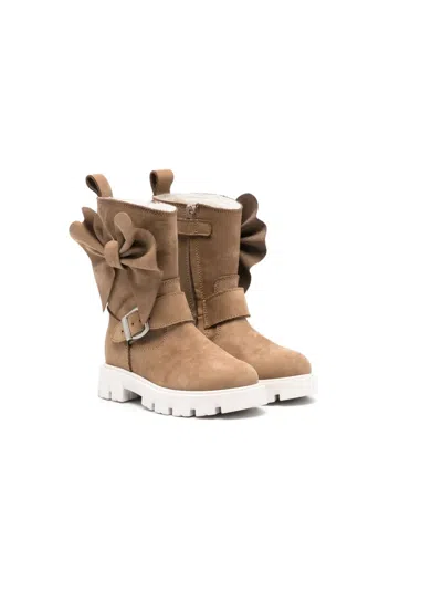 Monnalisa Kids' Bow-detail Leather Boots In Brown