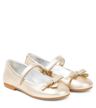 Monnalisa Kids' Bow-detail Leather Mary Jane Flats In 金色