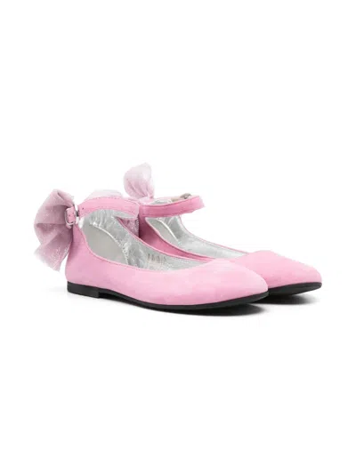Monnalisa Kids' Bow-detail Suede Ballerina Shoes In Pink
