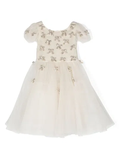 Monnalisa Kids' Bow-detail Tulle-overlay Dress In Neutrals