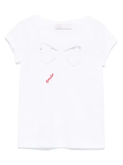 Monnalisa Kids' T-shirt Mit Schleifenstickerei In Weiss