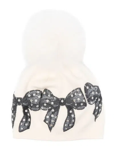 Monnalisa Kids' Bow-patch Pompom Beanie In Neutrals
