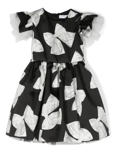Monnalisa Kids' Bow-print Belted Dress In Black