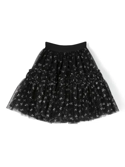 Monnalisa Bow-print Glitter-detail Tulle Skirt In Black