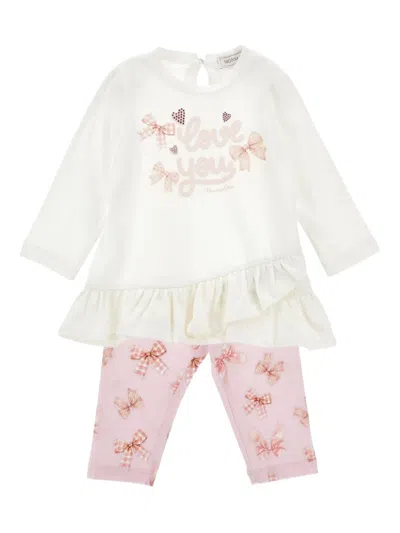 Monnalisa Babies' Bow-print Trousers Set In White