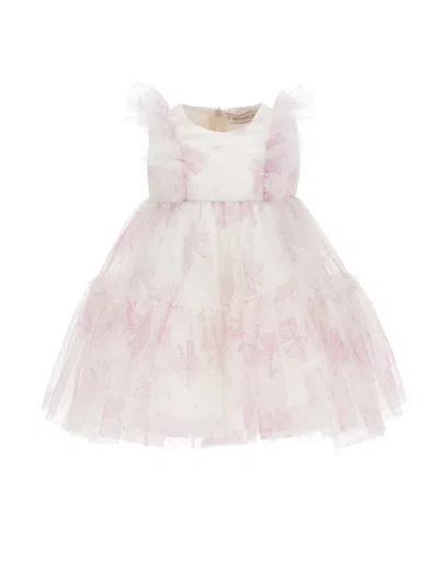 Monnalisa Kids'   Bow Print Tulle Dress In Cream + Pink