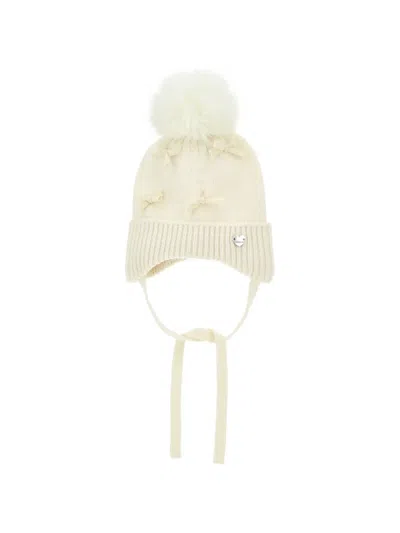 Monnalisa Babies' Bow-embellished Pompom Beanie Hat In White
