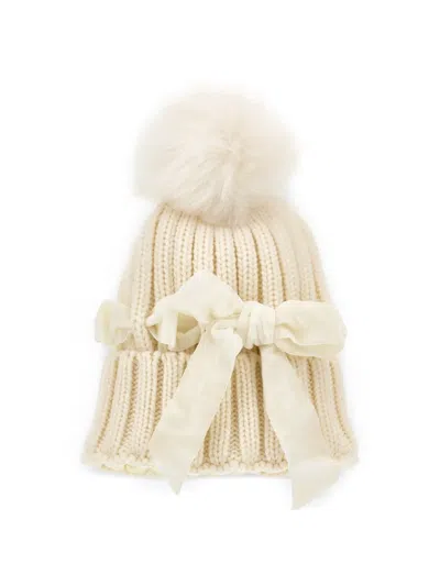 Monnalisa Kids' Bow-embellished Pompom Beanie Hat In Neutral