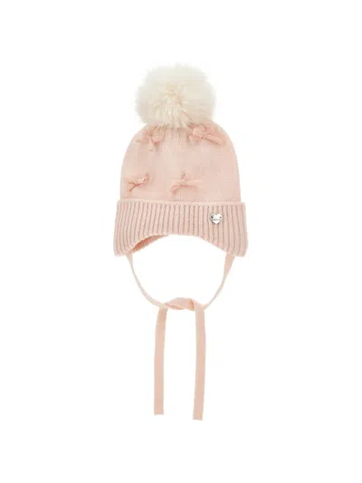 Monnalisa Babies' Bow-embellished Pompom-detail Beanie Hat In Pink
