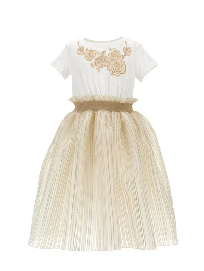 Monnalisa Kids'   Brocade Organza Dress In Cream + Gold