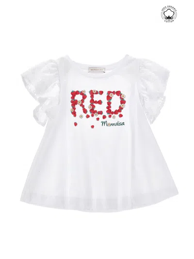Monnalisa Kids'   Broderie Anglaise Sleeve Cotton T-shirt In White