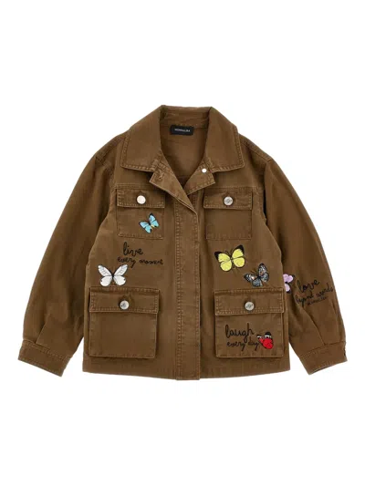 Monnalisa Kids' Butterfly-appliqué Pocket Jacket In Brown