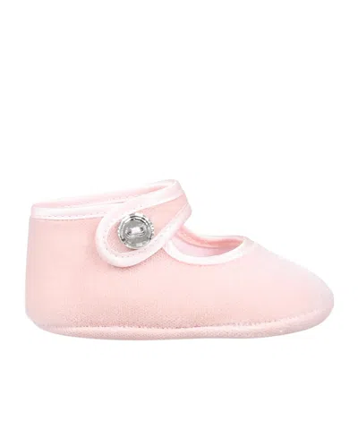 Monnalisa Button-strap Velvet Crib Shoes In Pink