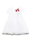 Monnalisa Capri White Flared Dress With Maxi Bow On The Front And Leopard Hem In Cotton Girl In White