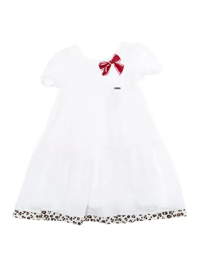 Monnalisa Kids' Capri White Flared Dress With Maxi Bow On The Front And Leopard Hem In Cotton Girl