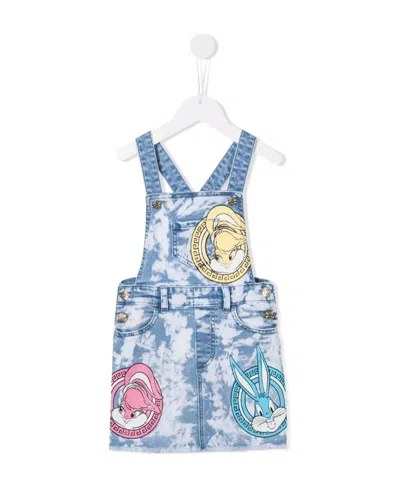 Monnalisa Cartoon Print Dungaree Dress In Blue