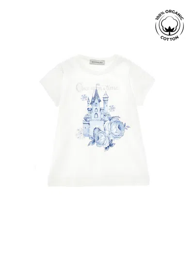 Monnalisa Castle Print Organic Cotton T-shirt In Cream