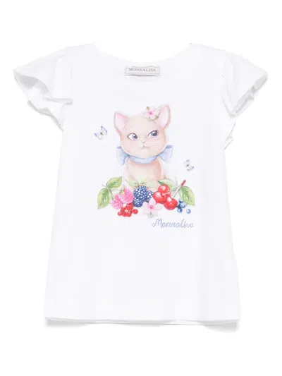 Monnalisa Kids' Cat-print T-shirt In 白色